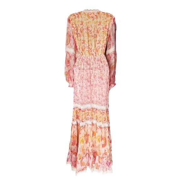 Rococo Sand Candy Dress Paisley Print Maxi Dress Chiffon Lace Pink Size Medium - Picture 3 of 12